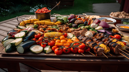 Barbecue with grilled meat and vegetables on a wooden table in the gardenの素材