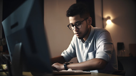 Portrait of young man in eyeglasses working on computer at nightの素材