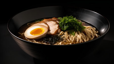 japanese ramen noodle with pork and egg on black backgroundの素材