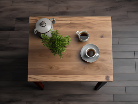3d render of tea set on wooden table with plant in potの素材