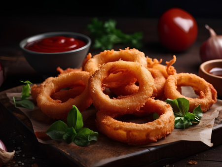 Fried onion rings with ketchup and fresh basil, selective focusの素材