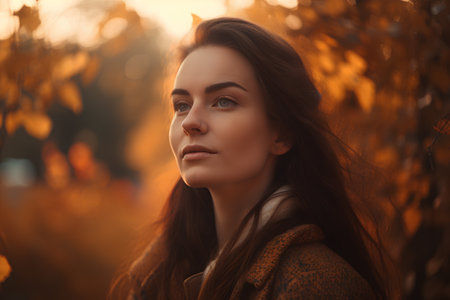 Portrait of a beautiful woman in the autumn park. Beauty, fashion.の素材