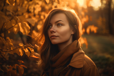 Portrait of beautiful young woman in autumn park. Beauty, fashion.の素材
