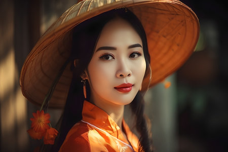 beautiful asian woman in traditional japanese hat with flowerの素材