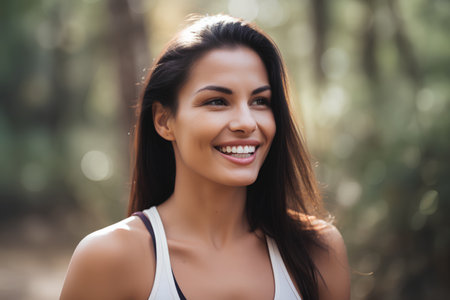 Portrait of a beautiful young woman smiling and looking at camera in the forestの素材