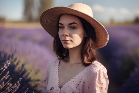 Portrait of a beautiful young woman in a hat on a lavender fieldの素材