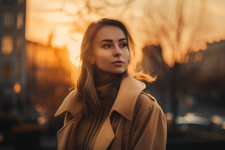 Portrait of a beautiful girl in a beige coat on the background of the sunset.の素材