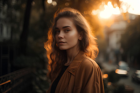 Portrait of a beautiful young woman in a brown coat in the cityの素材