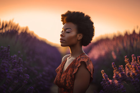Beautiful african american woman in lavender field at sunsetの素材