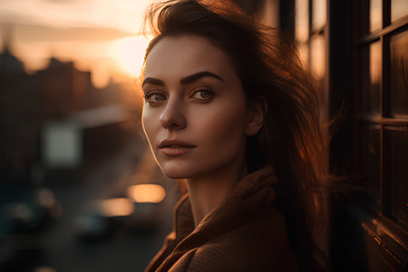 Fashion portrait of beautiful young woman in the city at sunset.の素材