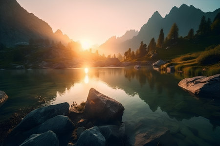Mountain lake at sunrise, Dolomites, Italy, Europeの素材