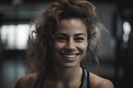Portrait of a beautiful young woman smiling at the camera in a gymの素材