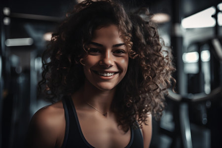 Portrait of a beautiful young african american woman smiling and looking at camera in gymの素材