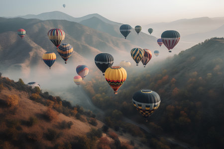 Colorful hot air balloons flying over the mountains at sunrise. 3D Renderingの素材