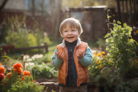 Cute little boy playing in the garden with flowers and plants.の素材