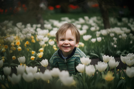 Cute little boy with tulips in the spring garden. Selective focus.の素材