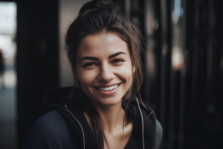 Portrait of a beautiful young woman smiling at the camera outdoors.の素材