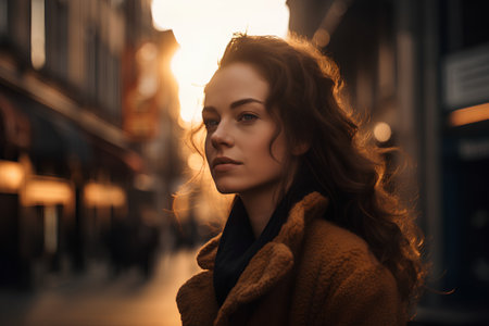Portrait of a beautiful young woman with curly hair in a brown coat on the street.の素材