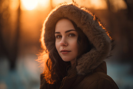 Portrait of a beautiful girl in a warm coat on a background of the winter forest.の素材