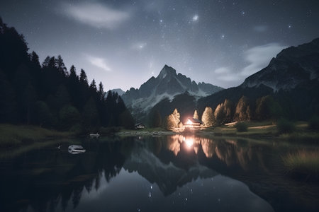 Fantastic night landscape with starry sky over lake and mountain reflectionの素材