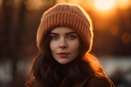 Portrait of a beautiful girl in a knitted hat on a background of the autumn forest.の素材