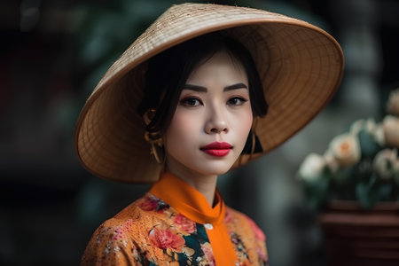 Portrait of a beautiful asian woman with hat in the cityの素材