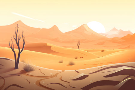 Desert landscape with dry trees and sand dunes, vector illustrationの素材