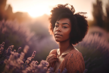 Beautiful african american woman in lavender field at sunsetの素材