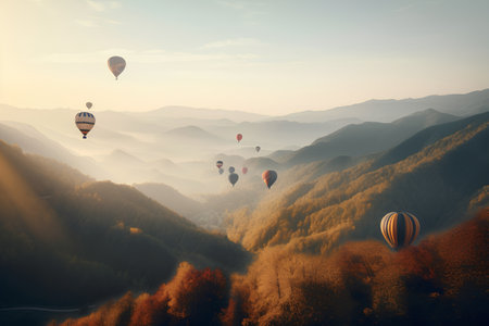 Colorful hot air balloons flying over the valley. 3D renderingの素材