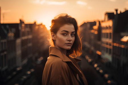 Beautiful young woman walking in the city at sunset. Portraitの素材