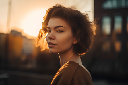 Portrait of a beautiful young brunette woman on the street at sunset.の素材