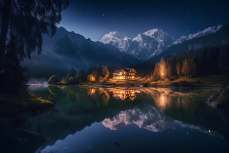 Majestic view of alpine lake with wooden house at nightの素材
