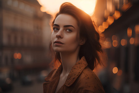 Beautiful young woman in a brown coat on the street at sunsetの素材