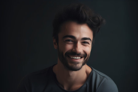Portrait of a handsome young man smiling at the camera on a dark backgroundの素材