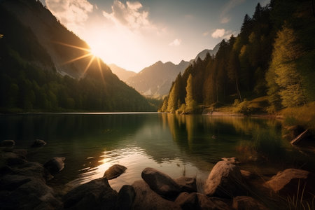 Sunset over the lake Eibsee, Bavaria, Germanyの素材
