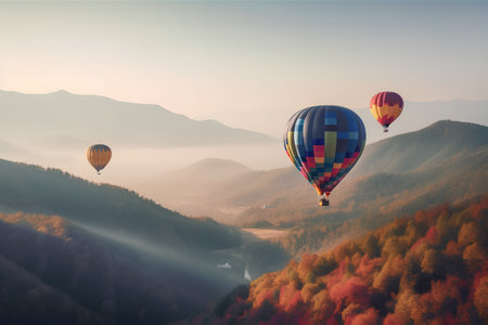 Hot air balloons flying over the autumn mountain valley. Colorful landscapeの素材