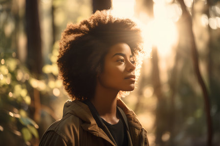 Beautiful african american woman with afro hairstyle in the forestの素材