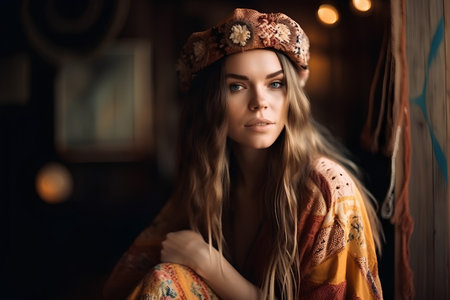 Portrait of a beautiful young woman in a boho style.の素材