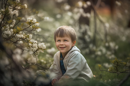 Portrait of a smiling little boy in the blooming garden.の素材