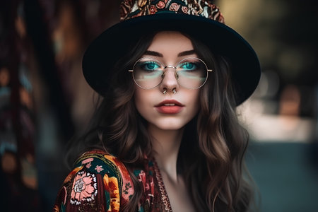 Portrait of a beautiful young woman in a hat and glasses.の素材