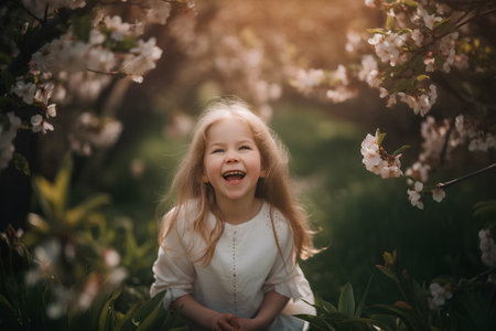 Adorable little girl in blooming spring garden. Happy child with long blond hair.の素材
