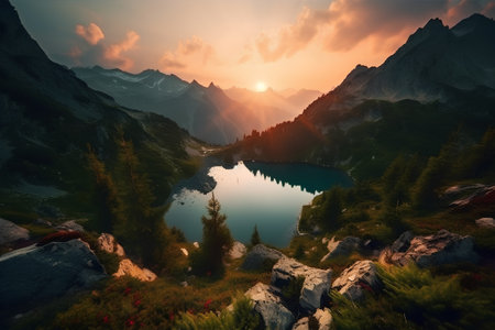 Beautiful alpine lake in the mountains at sunset. Alps, Italyの素材