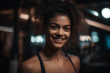 Beautiful african american woman smiling and looking at camera in gymの素材