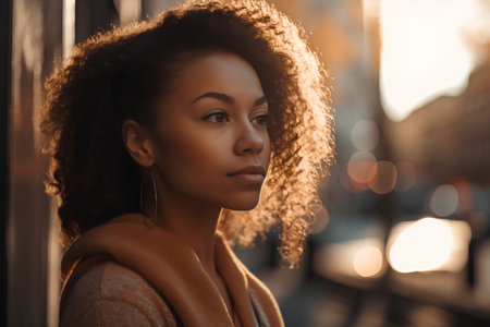 Portrait of a beautiful young african american woman with curly hair.の素材
