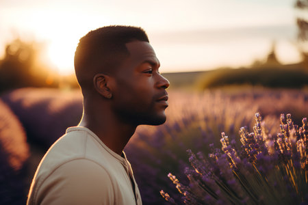 Handsome african american man in lavender field at sunsetの素材