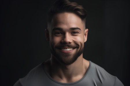 Portrait of handsome young man smiling and looking at camera on dark backgroundの素材