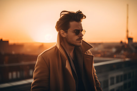 Handsome young man in coat and sunglasses standing on the roof and looking away.の素材