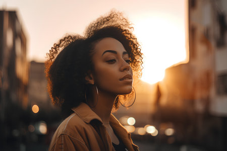 Portrait of a beautiful young african american woman with curly hair in the city at sunsetの素材