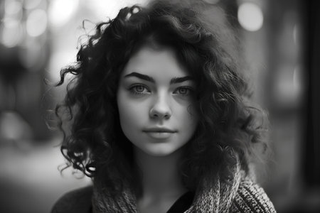 Portrait of a beautiful girl with curly hair. Black and white photo.の素材