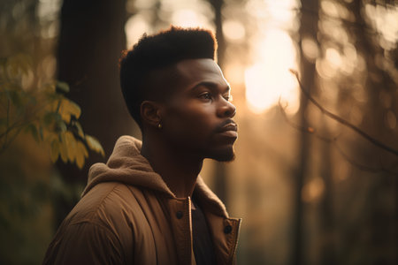 Young african american man standing in autumn forest at sunset.の素材